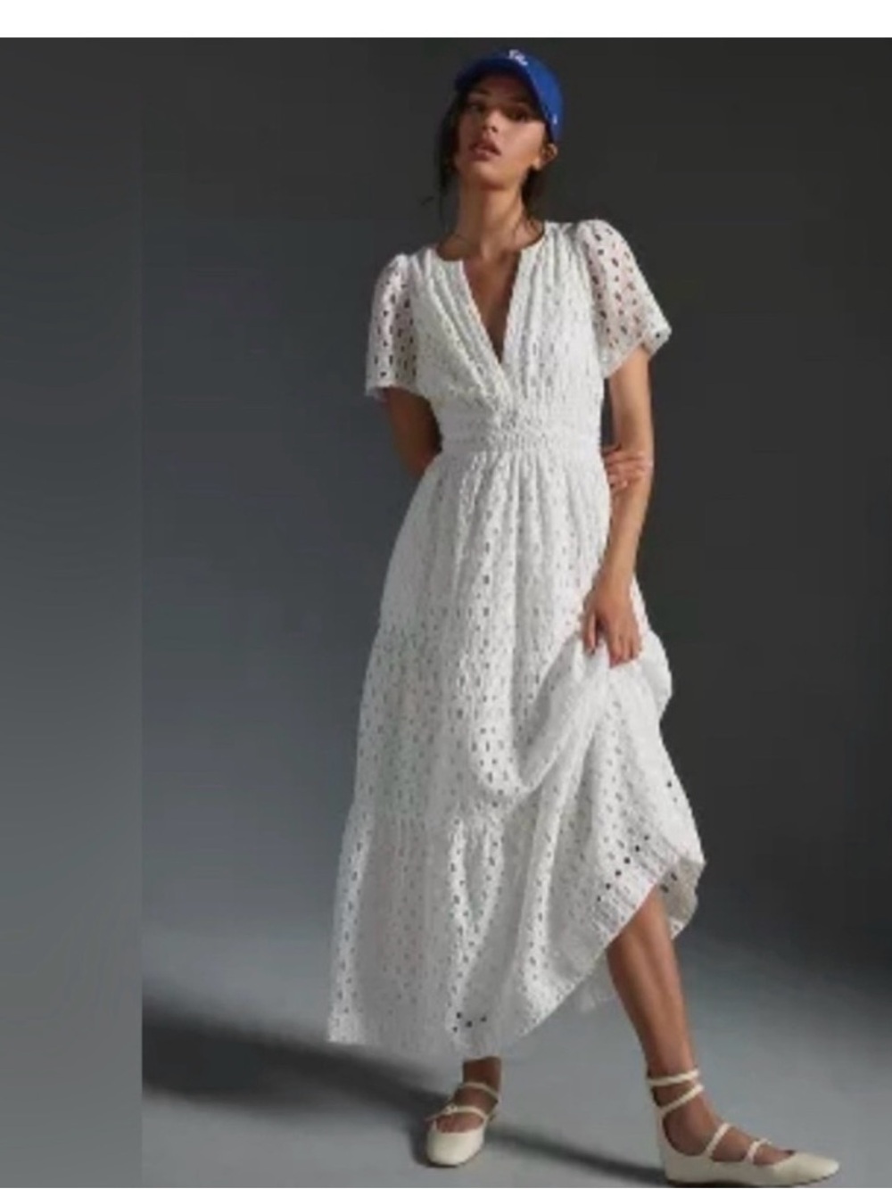 Anthropologie White Eyelet Maxi Dress with Smocked Waist somerset